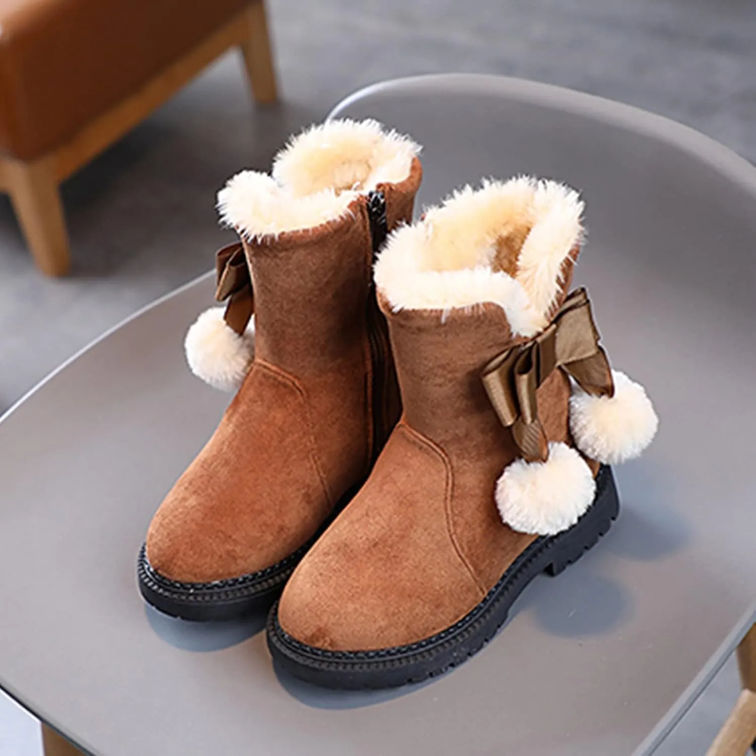 Fuzzy Lined Snow Booties For Toddler Baby Kids Girls Fleece Warm Boots With Side Zipper Winter Outdoor Slip On Shoes