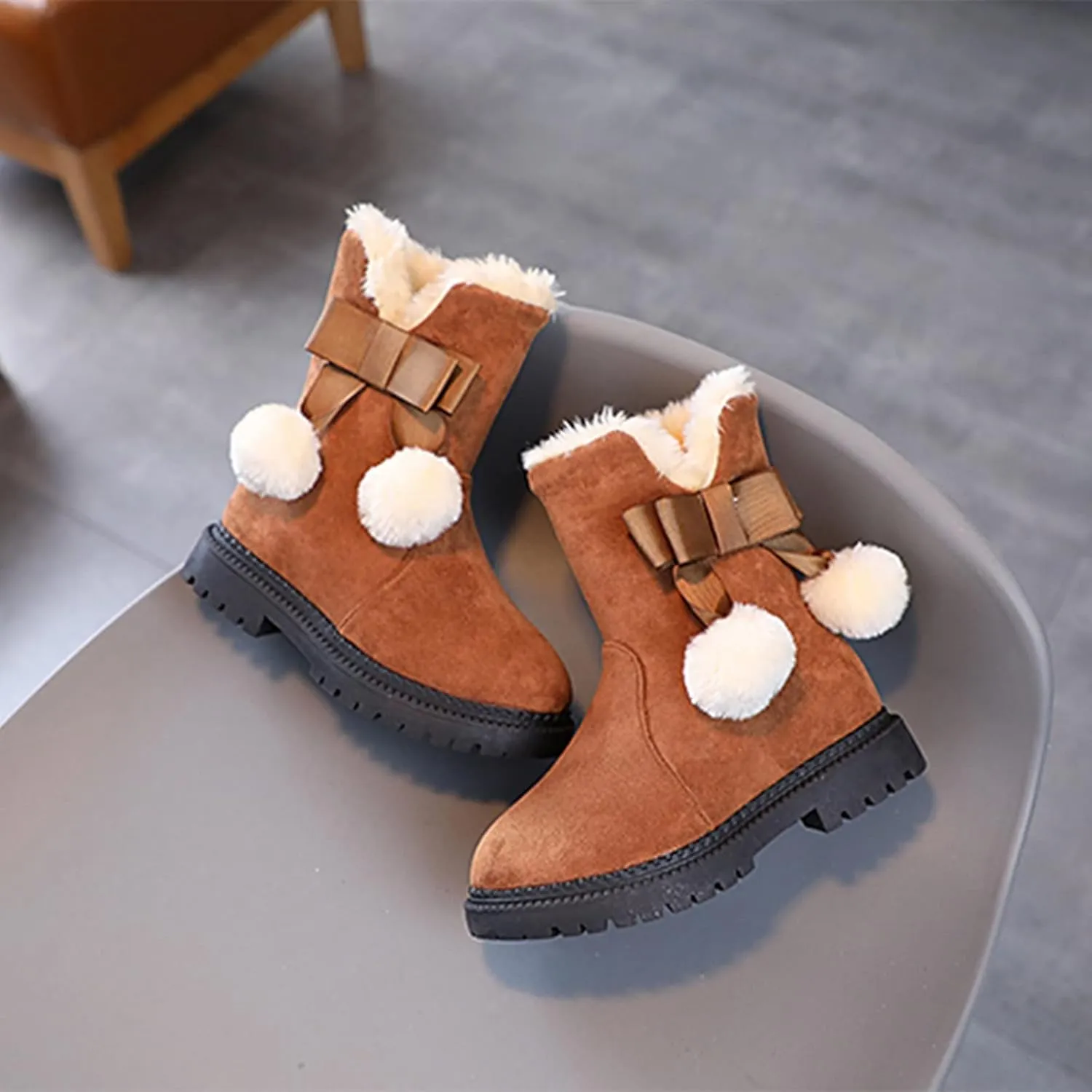 Fuzzy Lined Snow Booties For Toddler Baby Kids Girls Fleece Warm Boots With Side Zipper Winter Outdoor Slip On Shoes