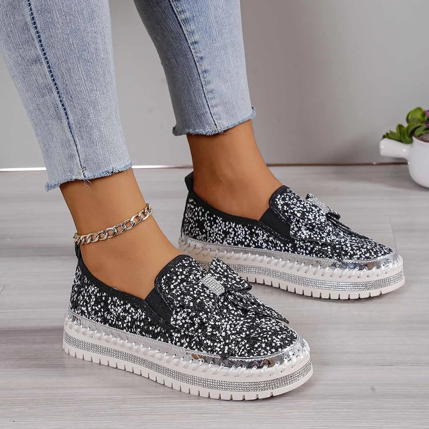 Glitter Sneakers for Women Women's Platform Rhinestones Glitter Sneaker Cute Bow Slip On Comfort Sneaker Loafer Casual Shoes