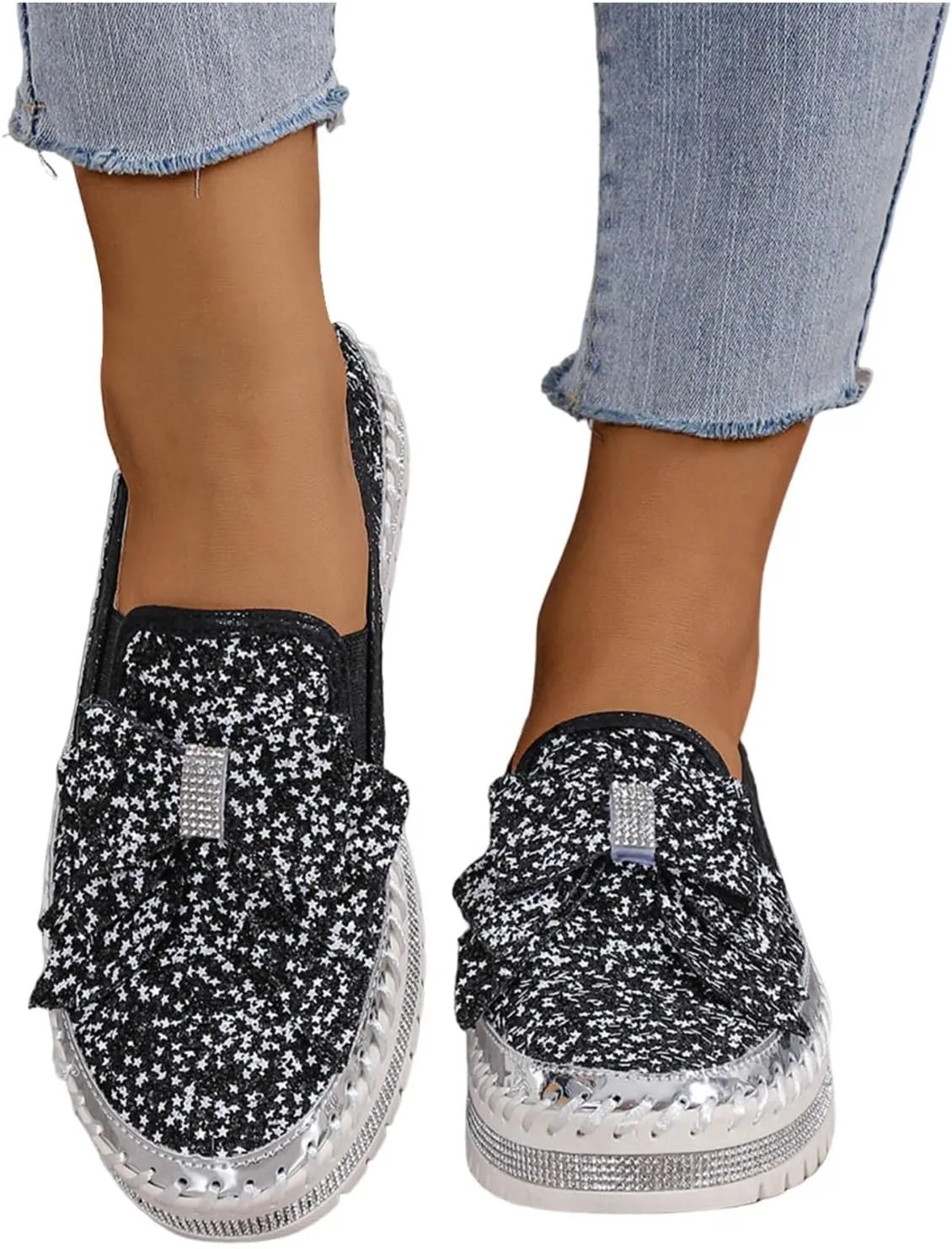Glitter Sneakers for Women Women's Platform Rhinestones Glitter Sneaker Cute Bow Slip On Comfort Sneaker Loafer Casual Shoes