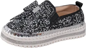 Glitter Sneakers for Women Women's Platform Rhinestones Glitter Sneaker Cute Bow Slip On Comfort Sneaker Loafer Casual Shoes