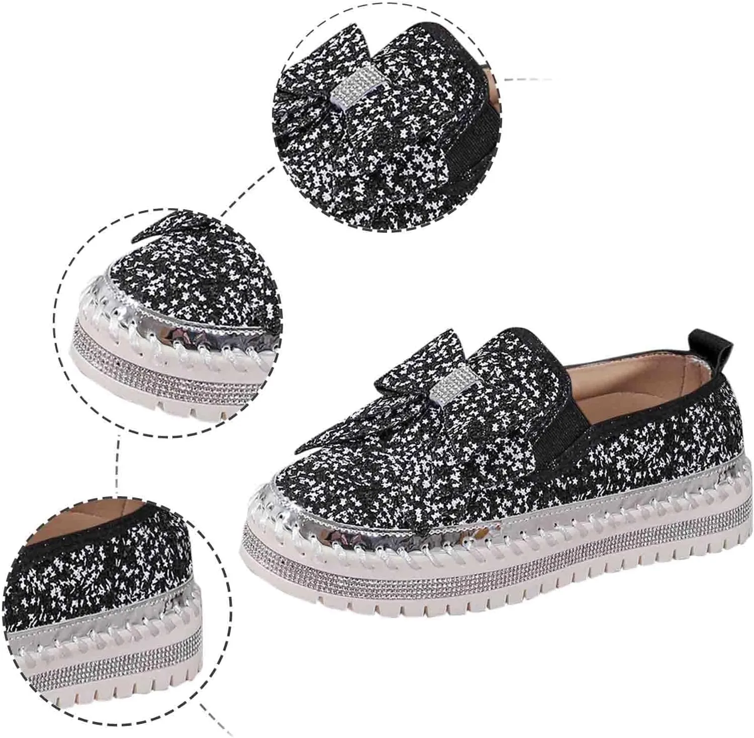Glitter Sneakers for Women Women's Platform Rhinestones Glitter Sneaker Cute Bow Slip On Comfort Sneaker Loafer Casual Shoes