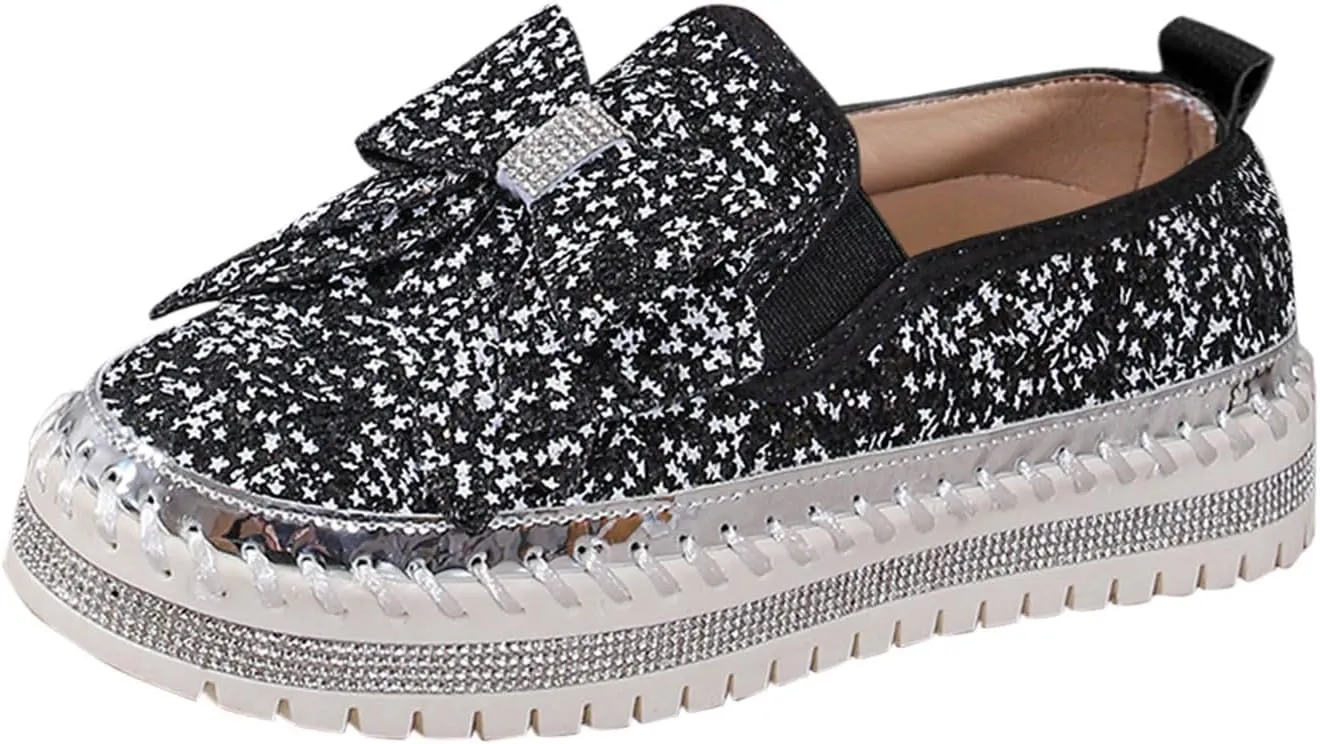 Glitter Sneakers for Women Women's Platform Rhinestones Glitter Sneaker Cute Bow Slip On Comfort Sneaker Loafer Casual Shoes