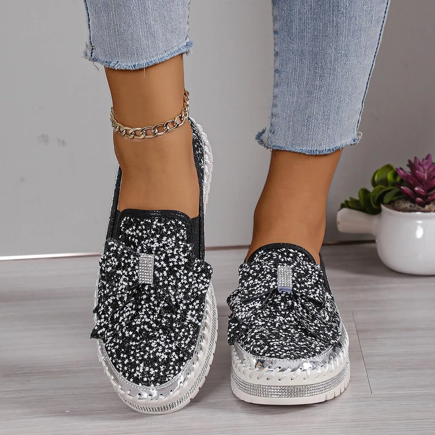 Glitter Sneakers for Women Women's Platform Rhinestones Glitter Sneaker Cute Bow Slip On Comfort Sneaker Loafer Casual Shoes