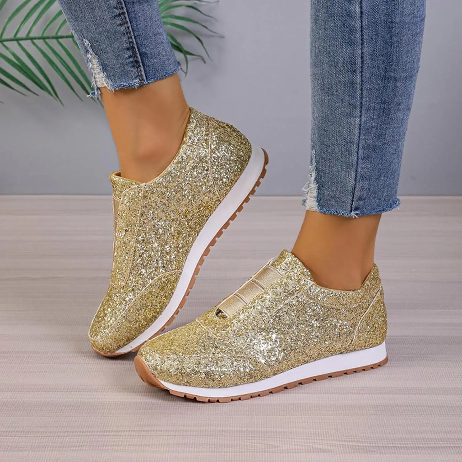Gold Rhinestone Sneakers for Women - Fashion/Trendy Platform Heel Glitter Bling Sneakers - Women's Casual Walking, Running Shoes