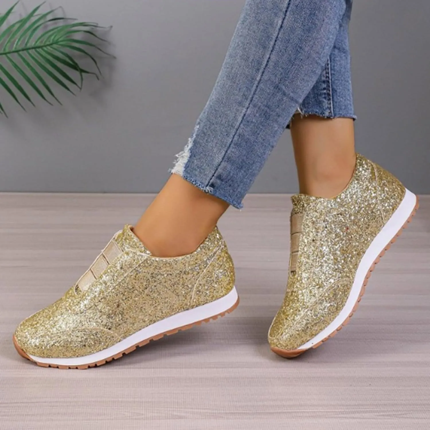 Gold Rhinestone Sneakers for Women - Fashion/Trendy Platform Heel Glitter Bling Sneakers - Women's Casual Walking, Running Shoes