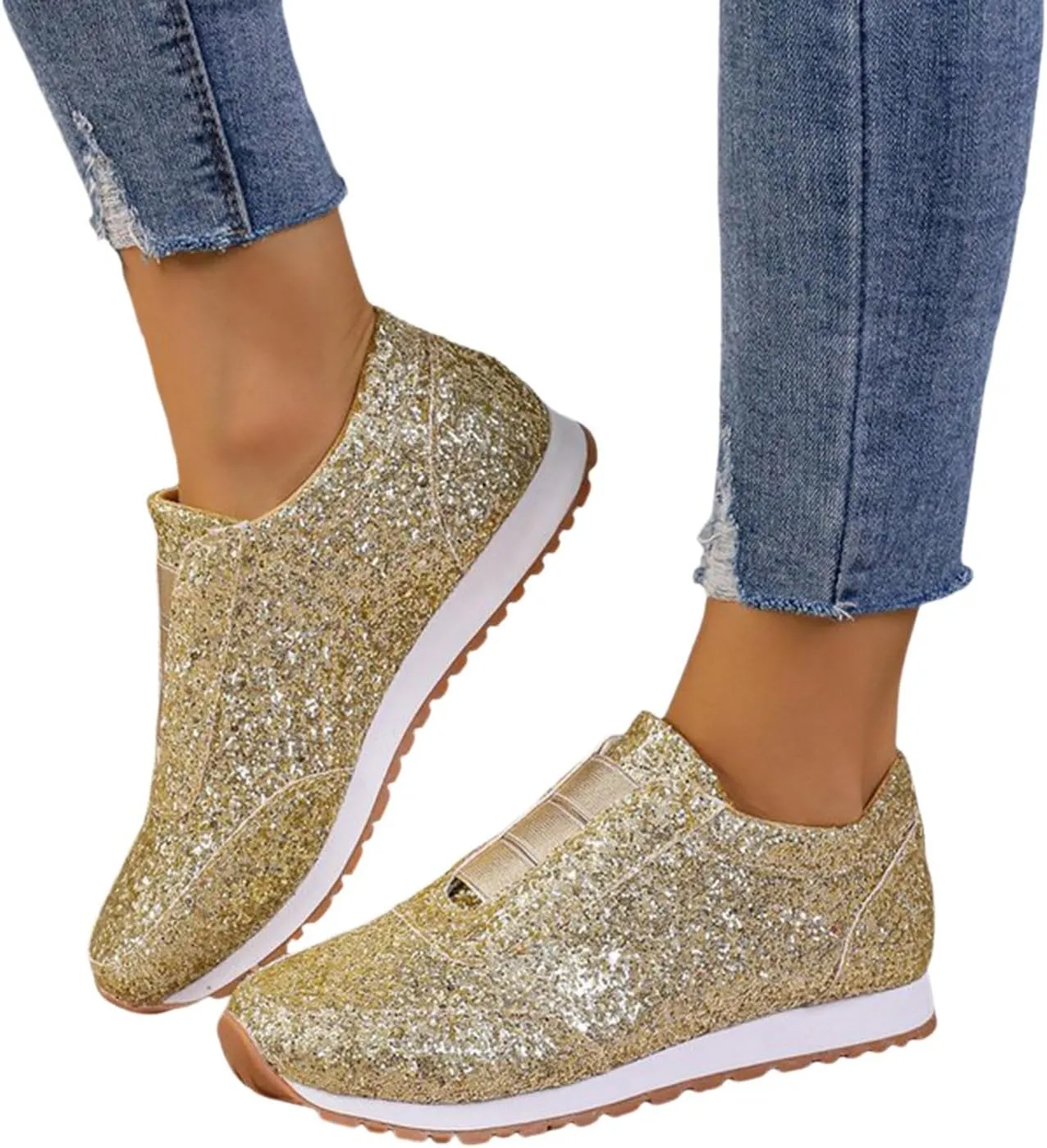 Gold Rhinestone Sneakers for Women - Fashion/Trendy Platform Heel Glitter Bling Sneakers - Women's Casual Walking, Running Shoes
