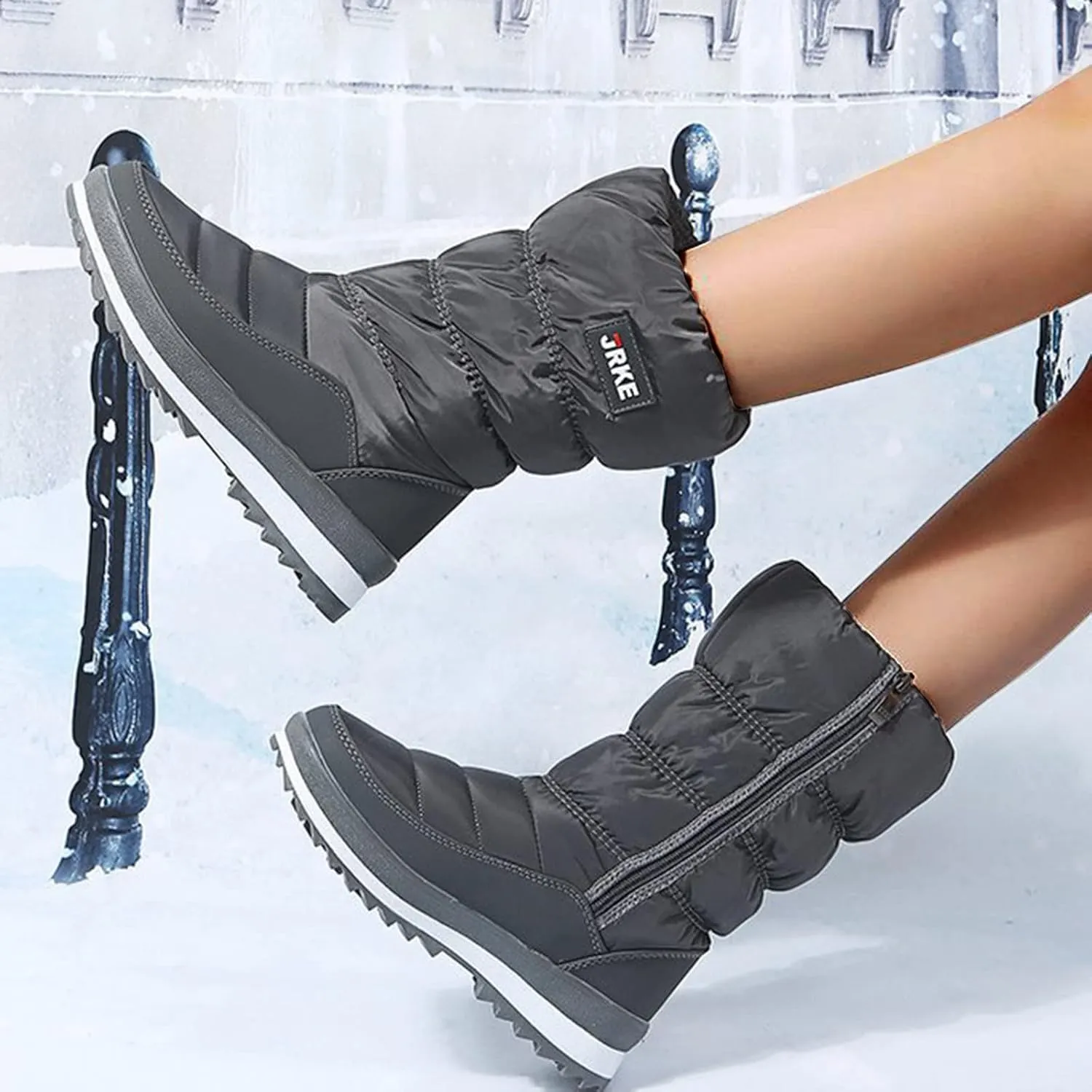 Hiking Boots Women Puffly Platform Snow Boots Plus Fleece Side Zipper Mid-Calf Cotton Non-Slip Booties