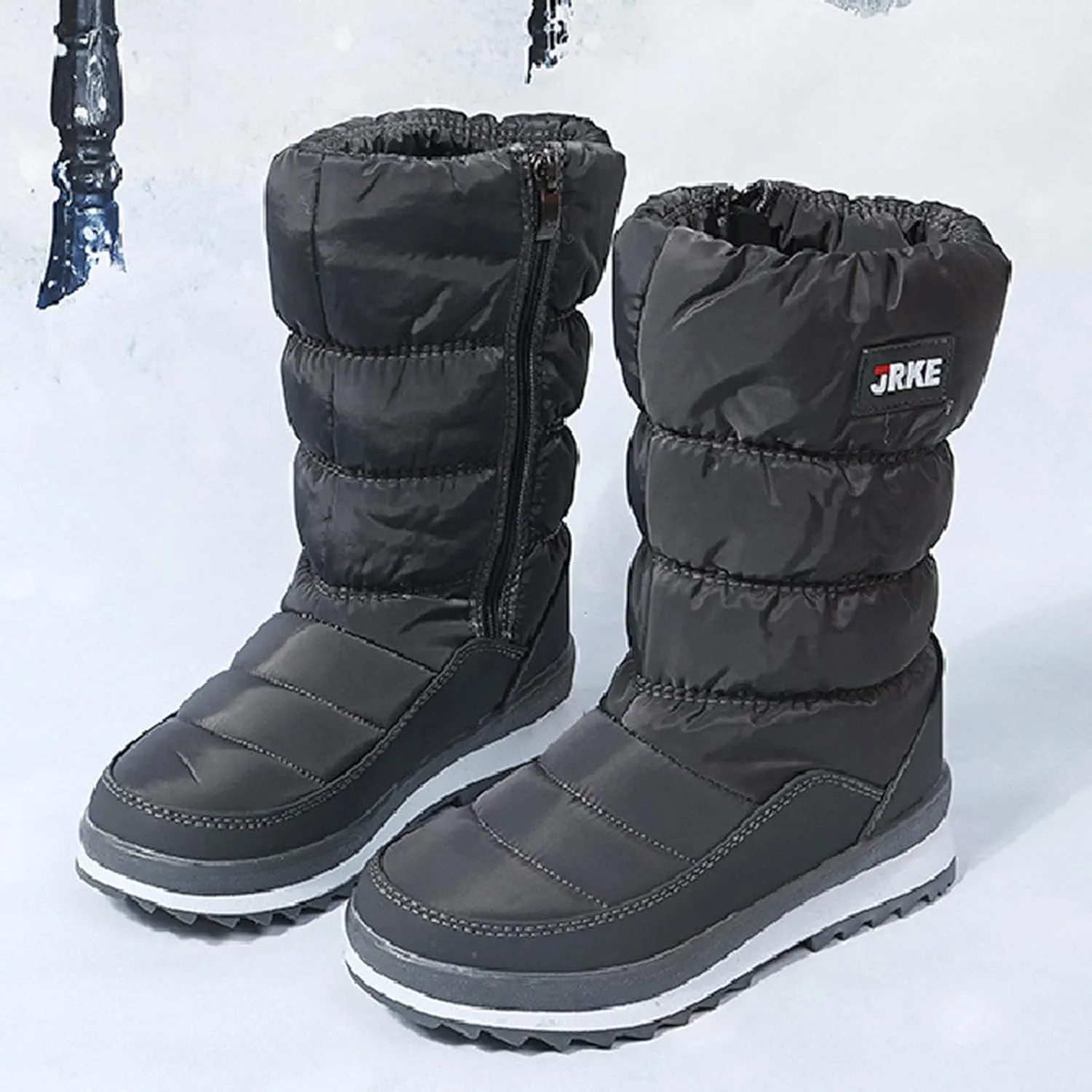 Hiking Boots Women Puffly Platform Snow Boots Plus Fleece Side Zipper Mid-Calf Cotton Non-Slip Booties