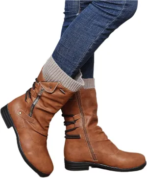 Lausiuoe Boots For Women Low Heel Mid Calf Side Zip Slouch Flat Heel Wide Calf Western Cowboy Boots Winter Non Slip Outdoor Shoes