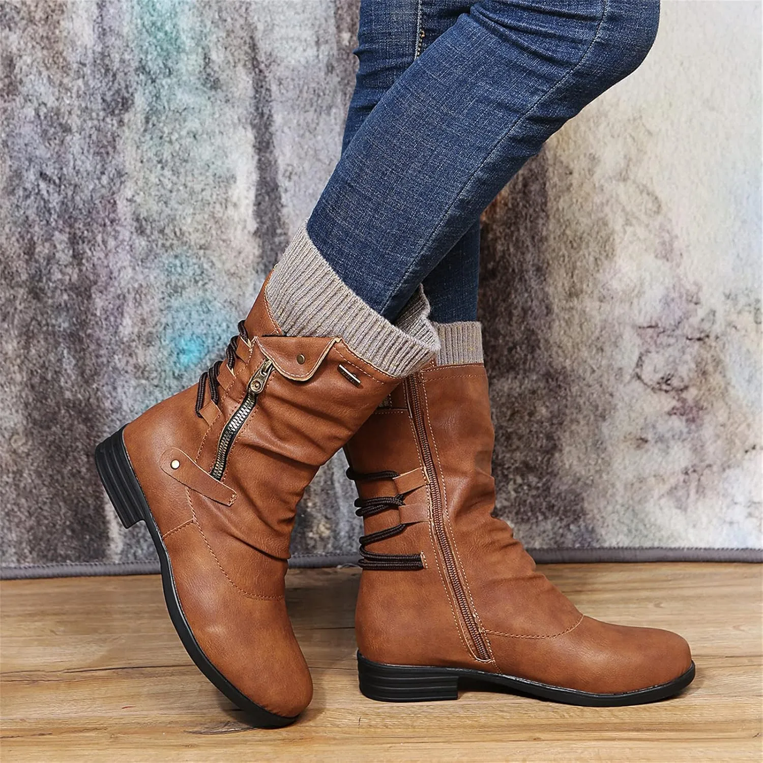 Lausiuoe Boots For Women Low Heel Mid Calf Side Zip Slouch Flat Heel Wide Calf Western Cowboy Boots Winter Non Slip Outdoor Shoes