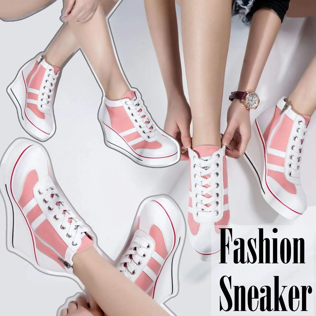 Mei MACLEOD Women Wedge Sneakers Platform Wedge High Heel Sneakers Ankle Booties Casual Canvas Shoes