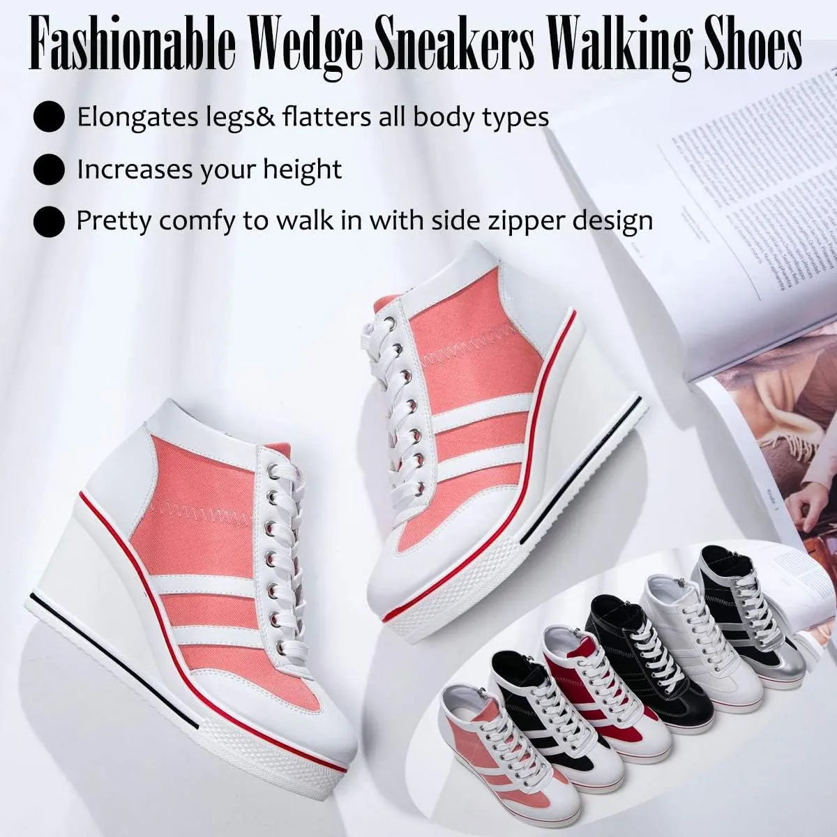 Mei MACLEOD Women Wedge Sneakers Platform Wedge High Heel Sneakers Ankle Booties Casual Canvas Shoes