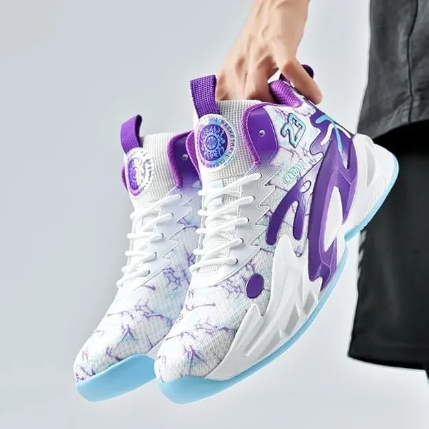 Men's Lace Up Basketball Shoes Anti Slip Shock-Absorbing Breathable Trendy Sports Training Boots(White Purple,10)
