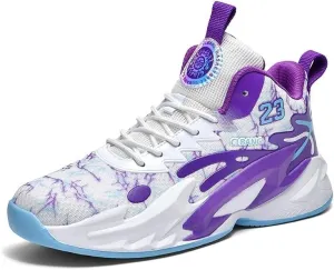 Men's Lace Up Basketball Shoes Anti Slip Shock-Absorbing Breathable Trendy Sports Training Boots(White Purple,10)