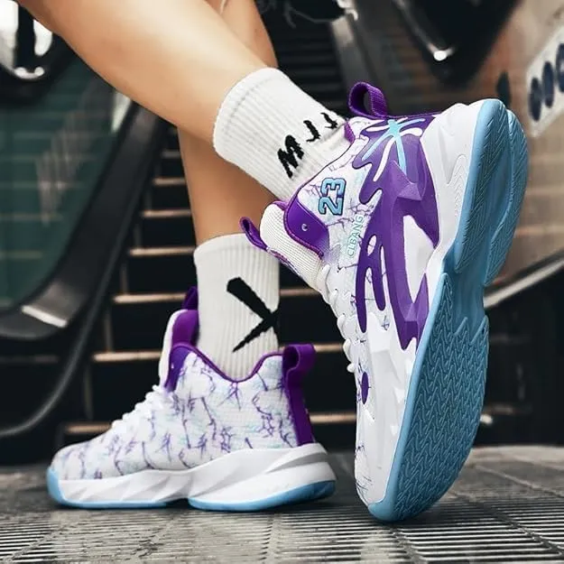 Men's Lace Up Basketball Shoes Anti Slip Shock-Absorbing Breathable Trendy Sports Training Boots(White Purple,10)