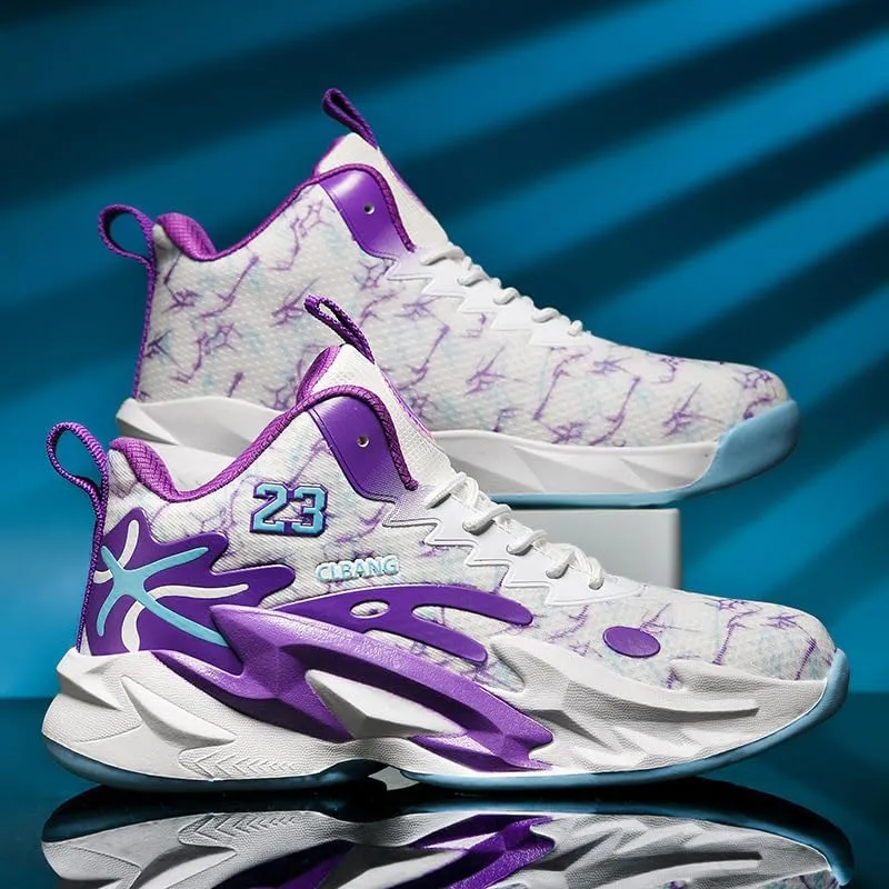 Men's Lace Up Basketball Shoes Anti Slip Shock-Absorbing Breathable Trendy Sports Training Boots(White Purple,10)