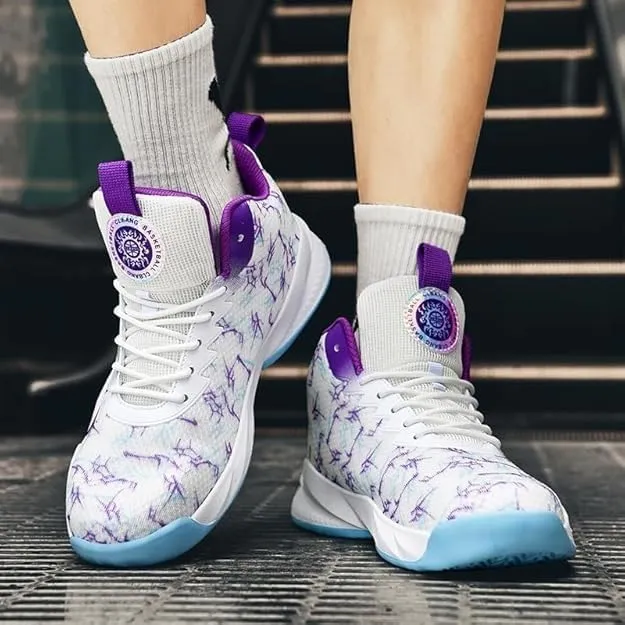 Men's Lace Up Basketball Shoes Anti Slip Shock-Absorbing Breathable Trendy Sports Training Boots(White Purple,10)