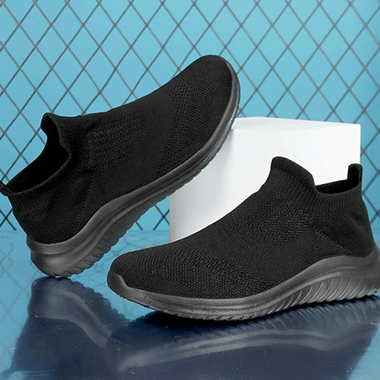 Men's Reathable Stretch Canvas Shoes Breathable Elastic Fly Woven Mesh Sneaker Hook and Loop Orthopedic Sneakers
