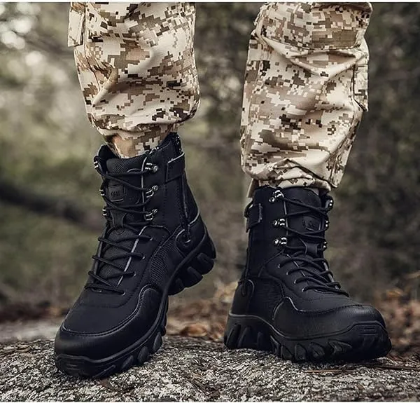 Men's Tactical Military Boots Lightweight Mid Ankle Hiking Boots Side Zip Trekking Outdoor Work Combat Boots