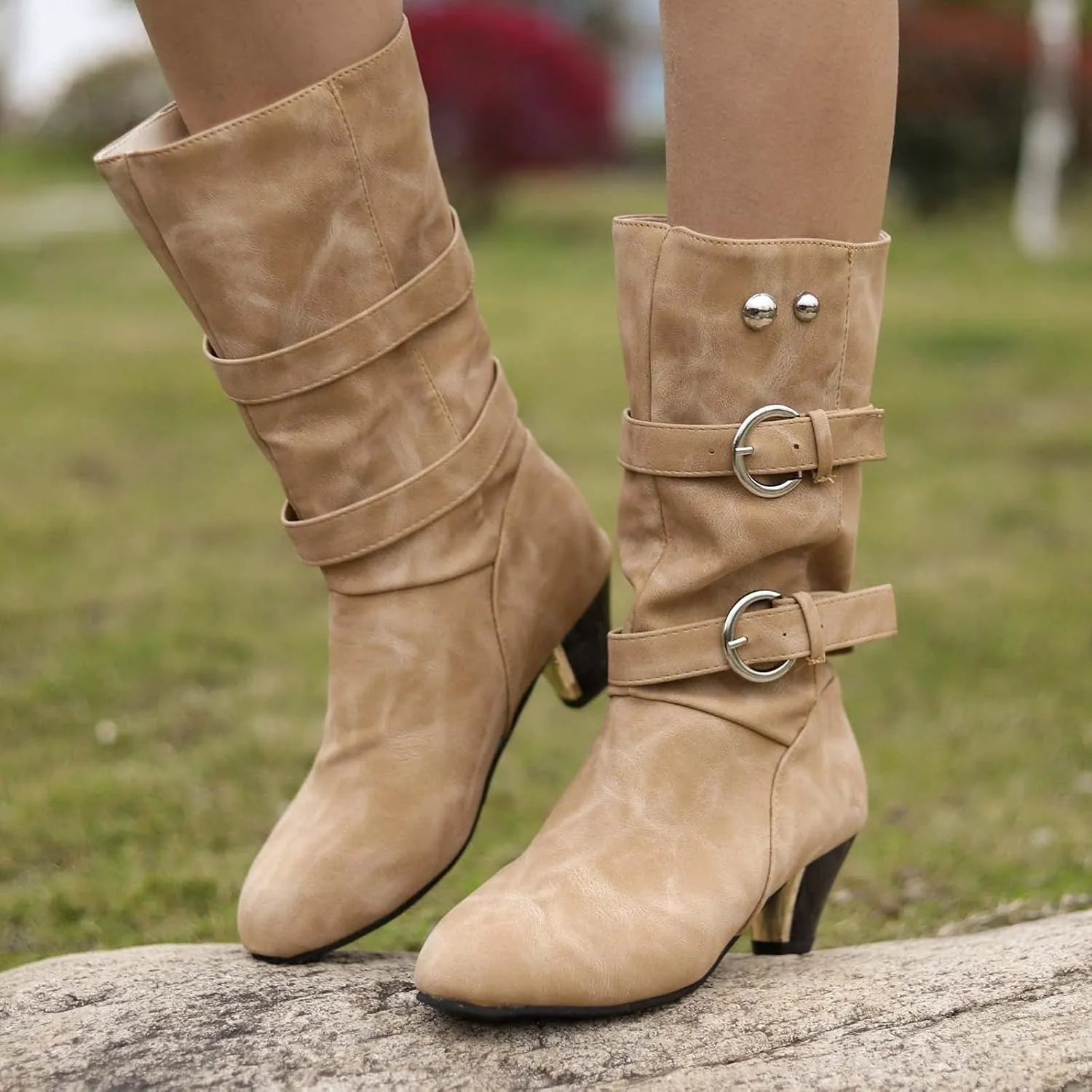 oiangi Womens Chunky Heel Mid-Calf Boots Fashion Round Toe Double Belt Buckle Studded Square Heel High Heel Boots Trendy Comfortable Casual Shoes