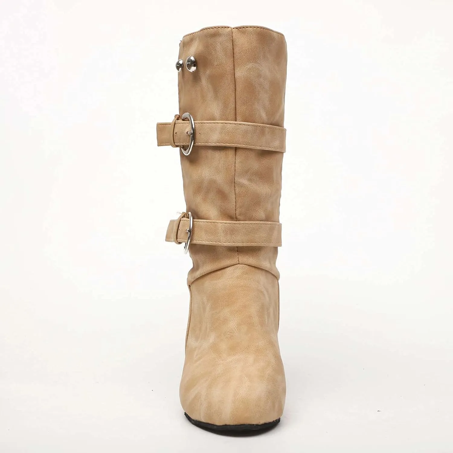 oiangi Womens Chunky Heel Mid-Calf Boots Fashion Round Toe Double Belt Buckle Studded Square Heel High Heel Boots Trendy Comfortable Casual Shoes