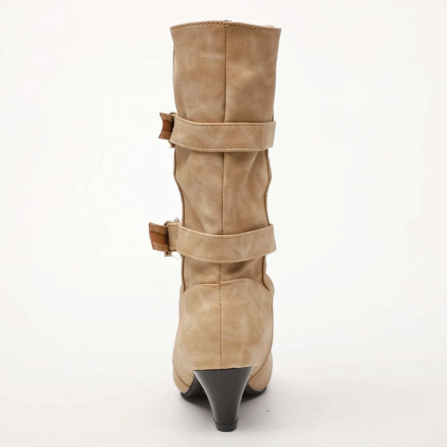 oiangi Womens Chunky Heel Mid-Calf Boots Fashion Round Toe Double Belt Buckle Studded Square Heel High Heel Boots Trendy Comfortable Casual Shoes