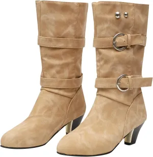 oiangi Womens Chunky Heel Mid-Calf Boots Fashion Round Toe Double Belt Buckle Studded Square Heel High Heel Boots Trendy Comfortable Casual Shoes