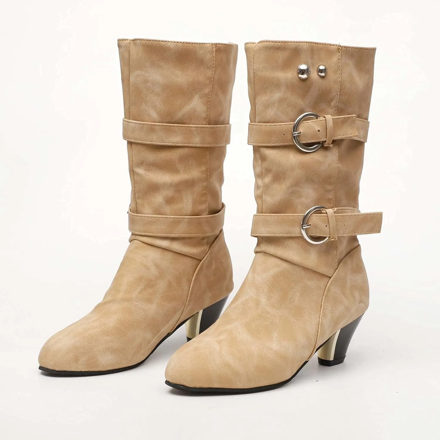 oiangi Womens Chunky Heel Mid-Calf Boots Fashion Round Toe Double Belt Buckle Studded Square Heel High Heel Boots Trendy Comfortable Casual Shoes