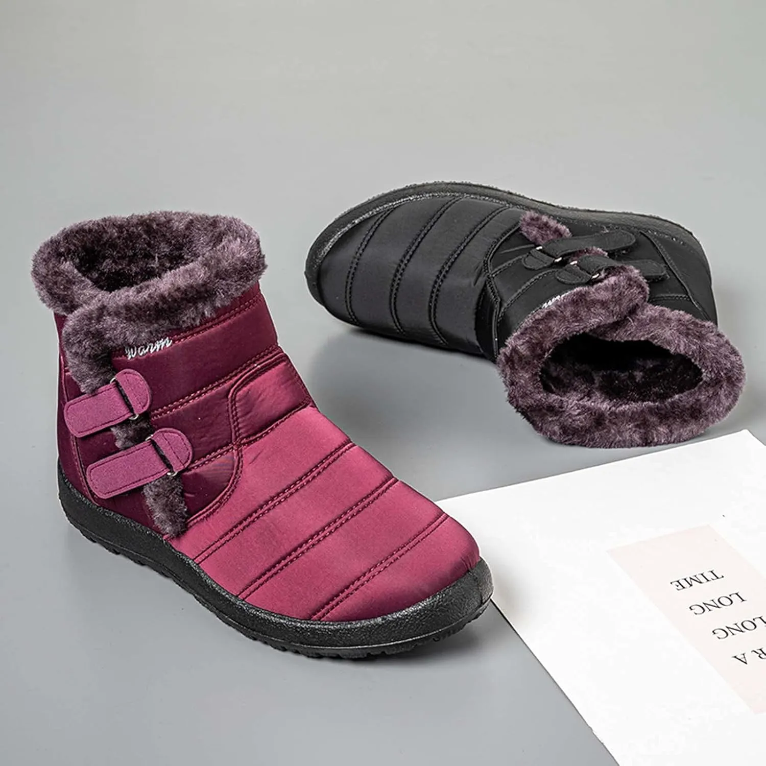 oiangi Womens Snow Boots Fashion Round Toe Keep Warm Ankle Shoes Plus Velvet Hook & Loop Flat Booties Winter Comfortable Casual Outdoor Ladies Shoes