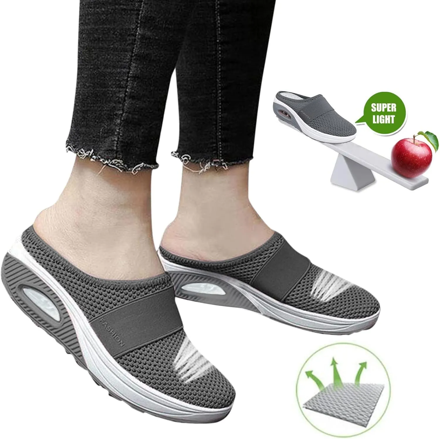 Orthopedic Walking Shoes Mules for Women 2025 Casual Mesh Summer Slip-On Breathable Slippers Closed Toe Diabetic Air-Cushion Slip-On Slides with Arch-Support
