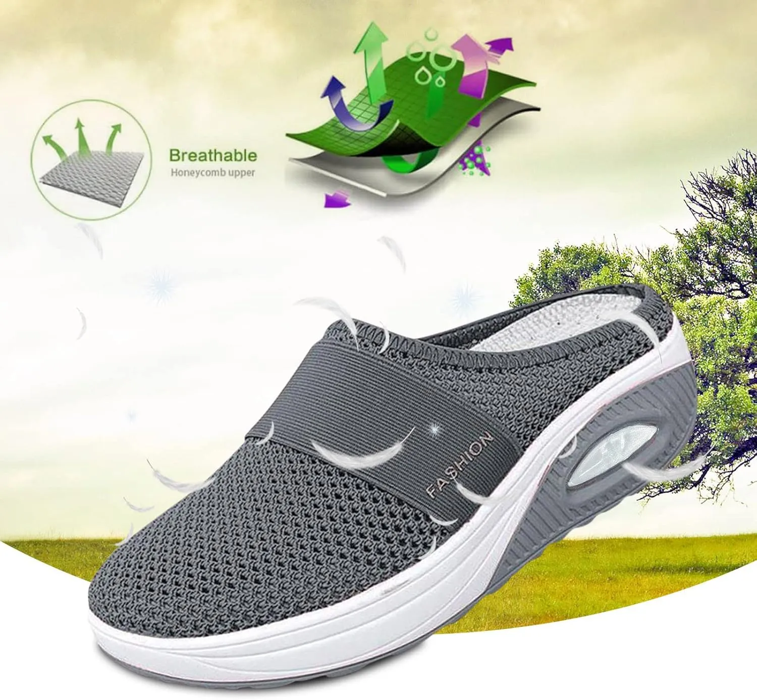 Orthopedic Walking Shoes Mules for Women 2025 Casual Mesh Summer Slip-On Breathable Slippers Closed Toe Diabetic Air-Cushion Slip-On Slides with Arch-Support