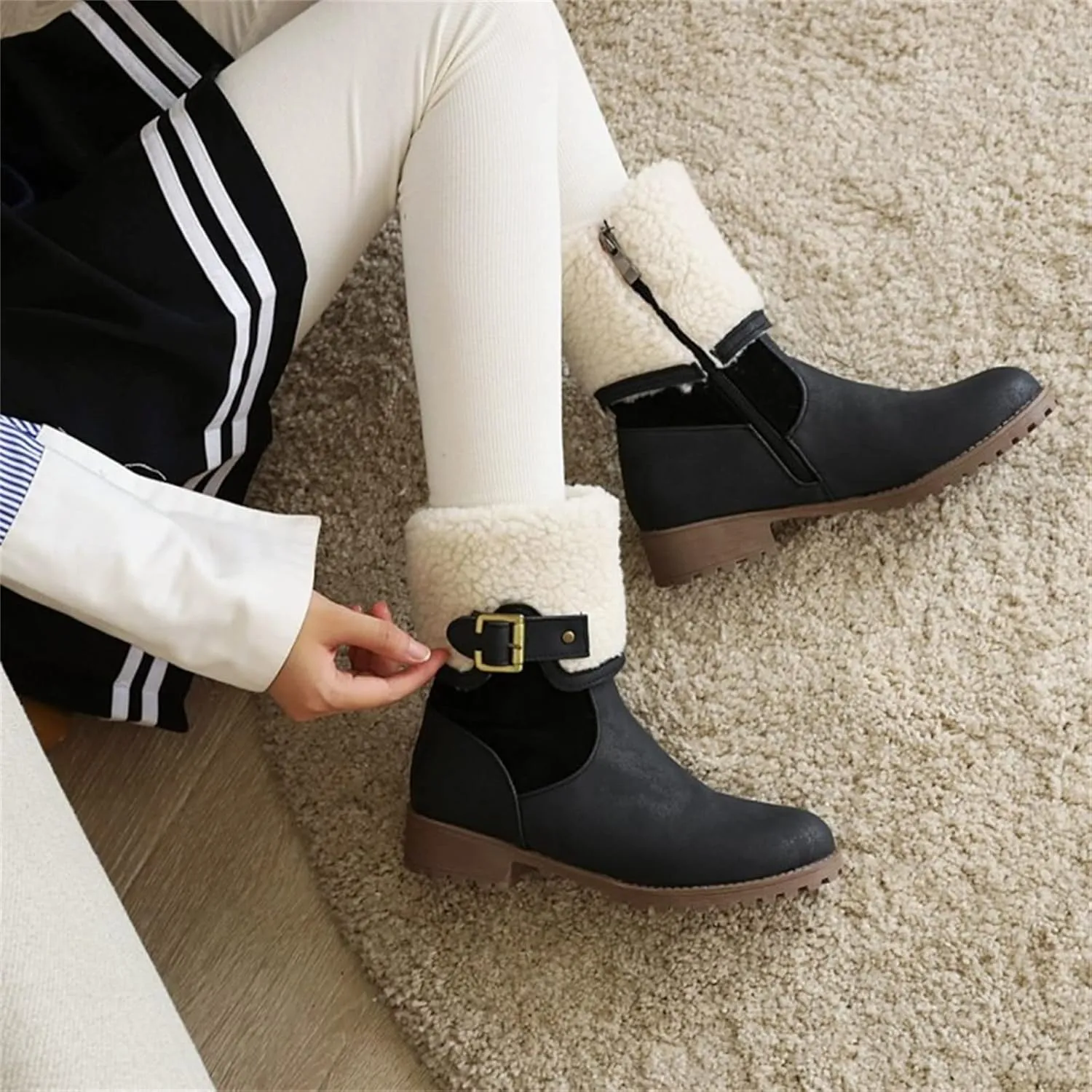 peqiut Womens Snow Boots Winter Snow Shoes Side Zipper Thick Heel Ankle Boots Walking Leather Boots for Women Comfort