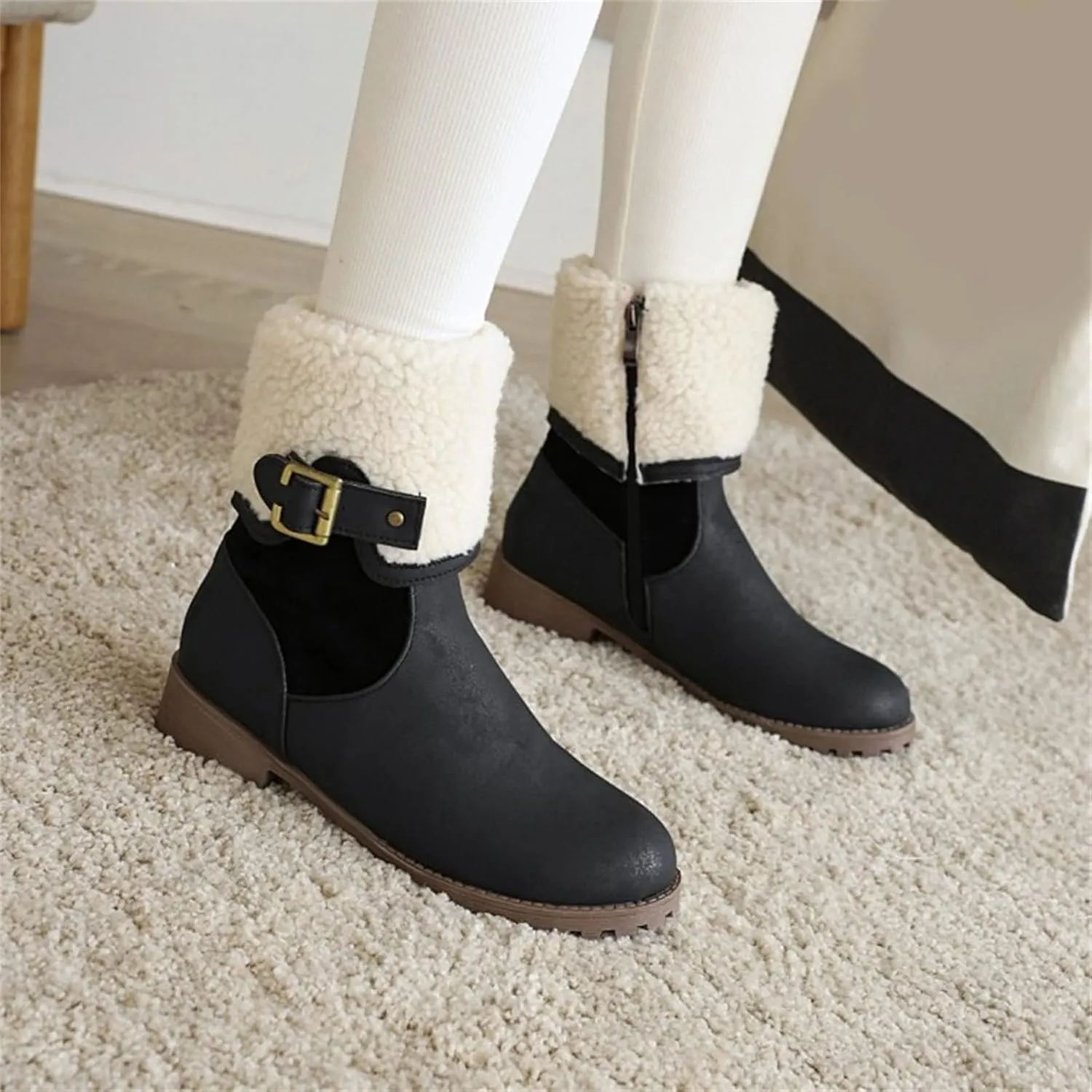 peqiut Womens Snow Boots Winter Snow Shoes Side Zipper Thick Heel Ankle Boots Walking Leather Boots for Women Comfort
