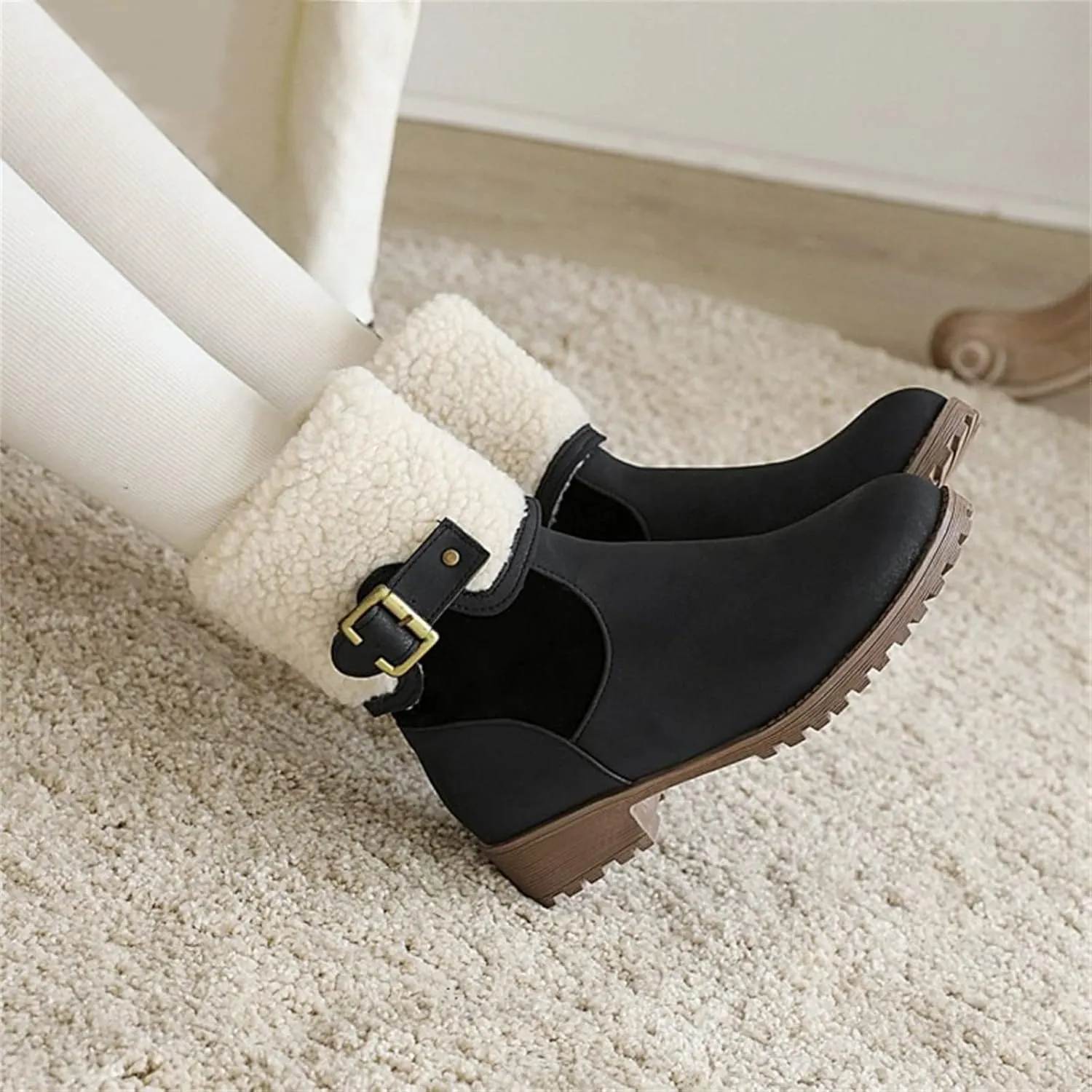 peqiut Womens Snow Boots Winter Snow Shoes Side Zipper Thick Heel Ankle Boots Walking Leather Boots for Women Comfort