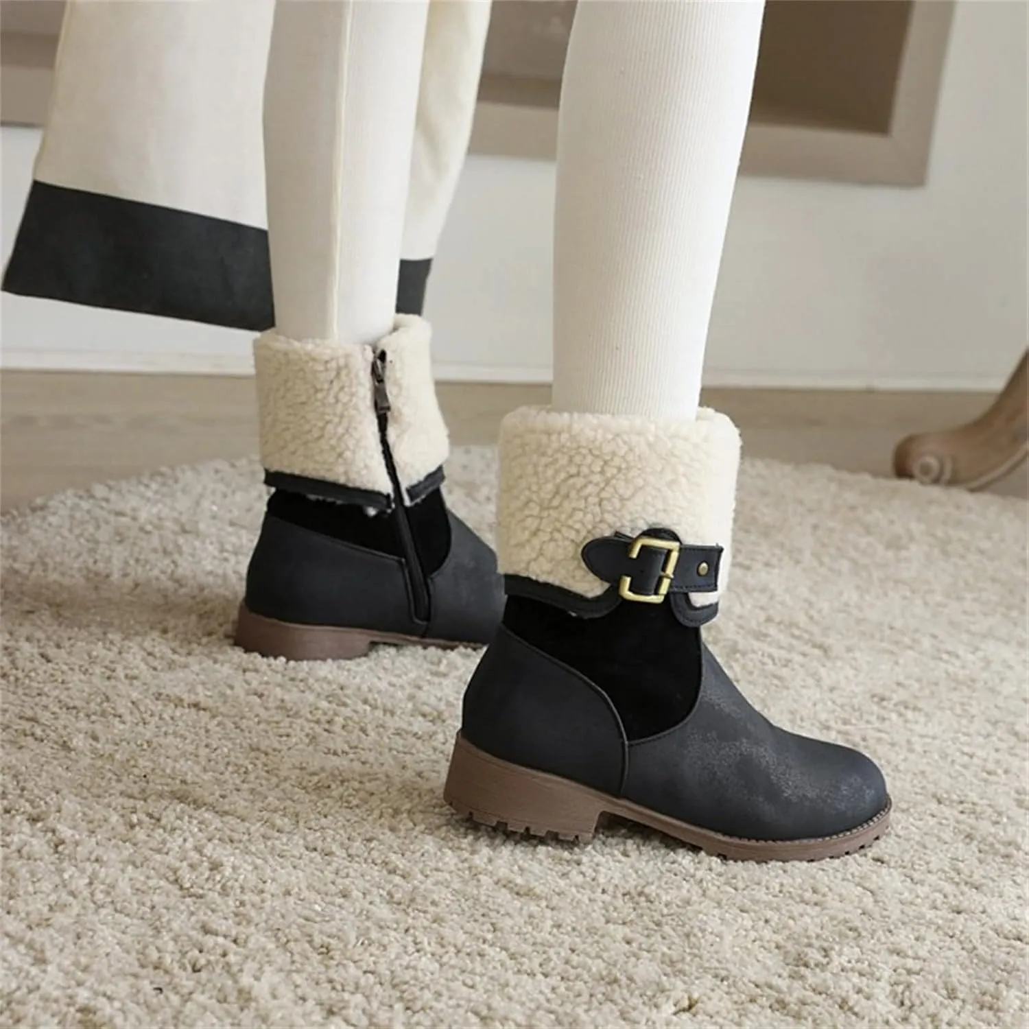 peqiut Womens Snow Boots Winter Snow Shoes Side Zipper Thick Heel Ankle Boots Walking Leather Boots for Women Comfort