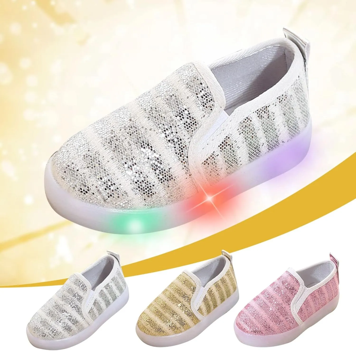 POLG Girl's Light Up Sequins Slip On Loafers Flashing LED Casual Canvas Shoes Flat Sneakers (Toddler/Little Kid) (Silver, 3.5 Years)