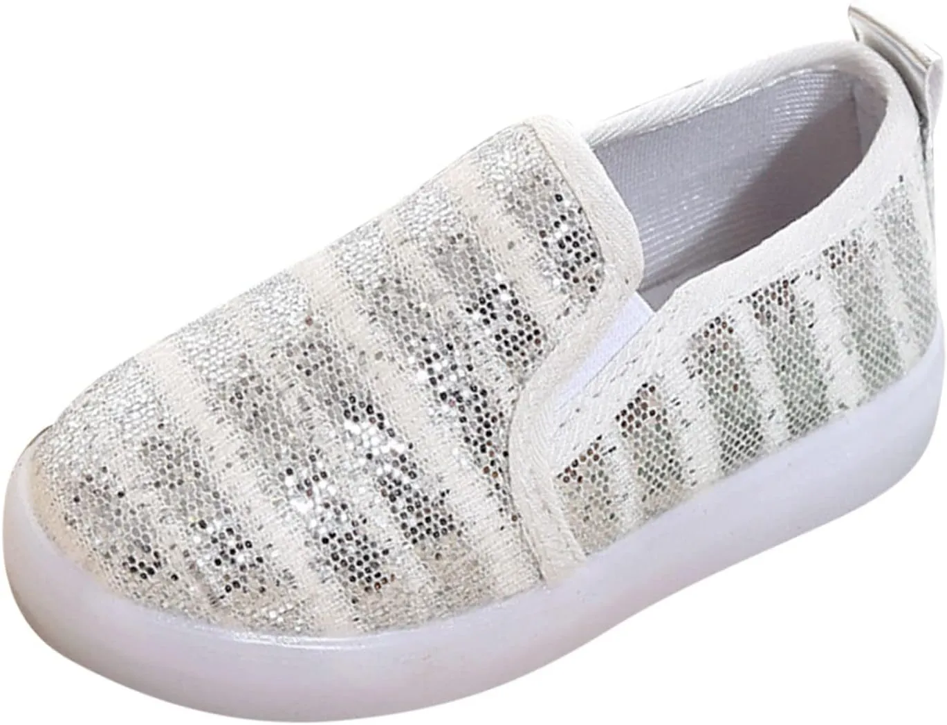 POLG Girl's Light Up Sequins Slip On Loafers Flashing LED Casual Canvas Shoes Flat Sneakers (Toddler/Little Kid) (Silver, 3.5 Years)