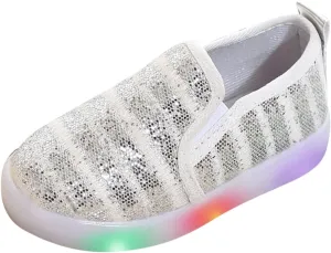 POLG Girl's Light Up Sequins Slip On Loafers Flashing LED Casual Canvas Shoes Flat Sneakers (Toddler/Little Kid) (Silver, 3.5 Years)