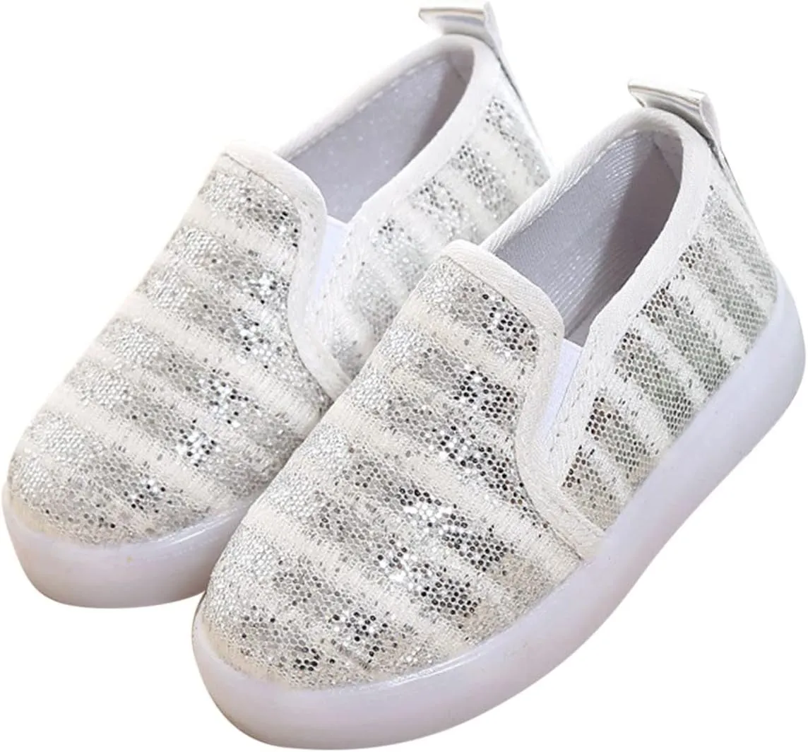 POLG Girl's Light Up Sequins Slip On Loafers Flashing LED Casual Canvas Shoes Flat Sneakers (Toddler/Little Kid) (Silver, 3.5 Years)