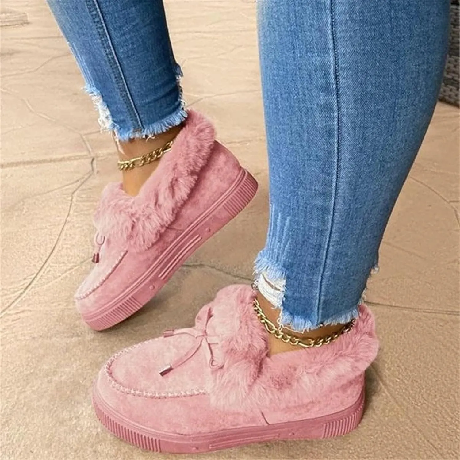 SACFOF Womens Winter Flat Boots Warm Durable Shoes With Fur Lined Fuzzy Ankle Snow Boots Platform Thick Plush Casual Loafers