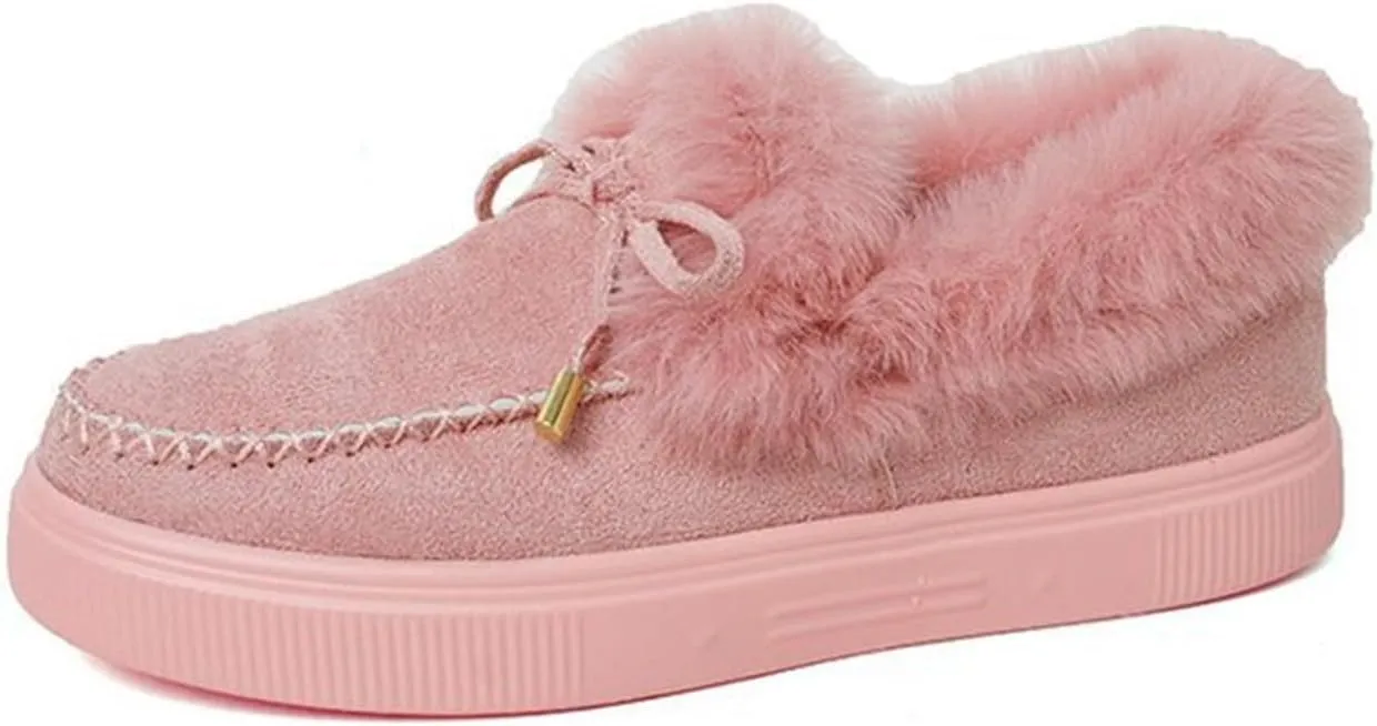 SACFOF Womens Winter Flat Boots Warm Durable Shoes With Fur Lined Fuzzy Ankle Snow Boots Platform Thick Plush Casual Loafers