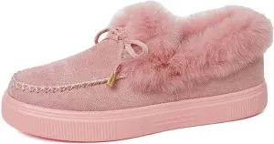 SACFOF Womens Winter Flat Boots Warm Durable Shoes With Fur Lined Fuzzy Ankle Snow Boots Platform Thick Plush Casual Loafers
