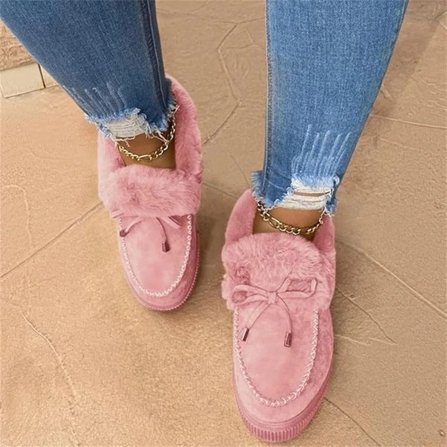 SACFOF Womens Winter Flat Boots Warm Durable Shoes With Fur Lined Fuzzy Ankle Snow Boots Platform Thick Plush Casual Loafers