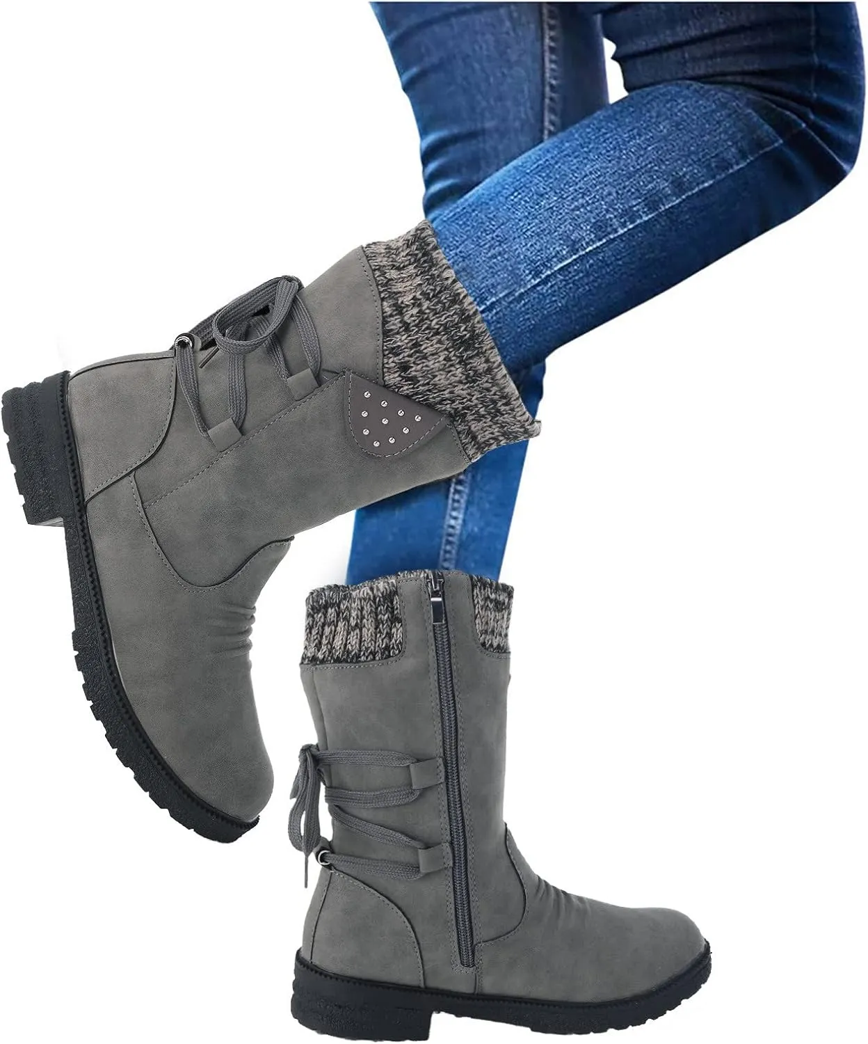 Snow Boots for Women Mid Calf Boots for Women Women Fashion Casual Vintage Retro Lace Up Thick Block Heels Shoes