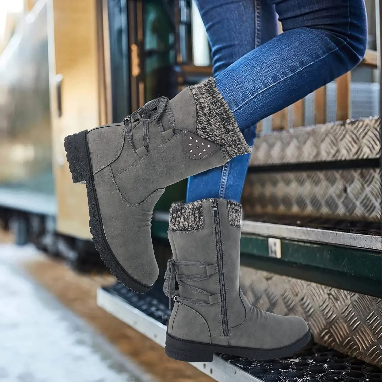 Snow Boots for Women Mid Calf Boots for Women Women Fashion Casual Vintage Retro Lace Up Thick Block Heels Shoes