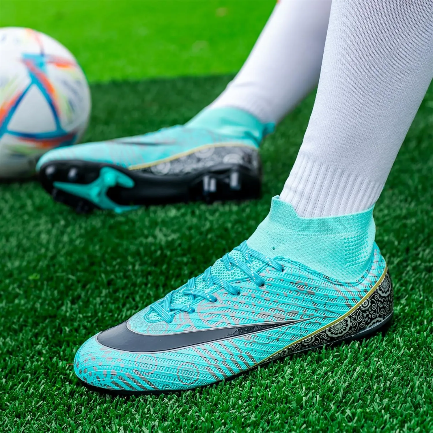 Soccer Shoes Kids Firm Ground Boys Soccer Cleats Youth Spike FG High-Top Football Boots Athletic Sport Training
