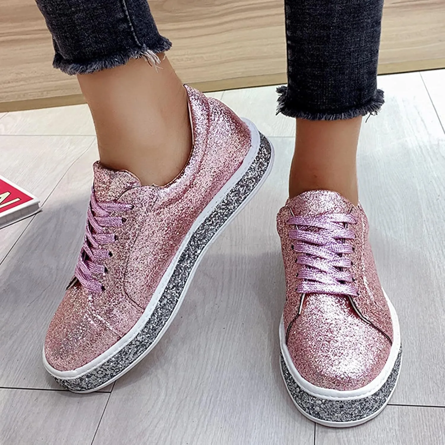 Sparkly Sneakers for Women Women's Glitter Shoes Sparkly Lightweight Metallic Sequins Tennis Shoes LCE Up Walking Shoes Cute