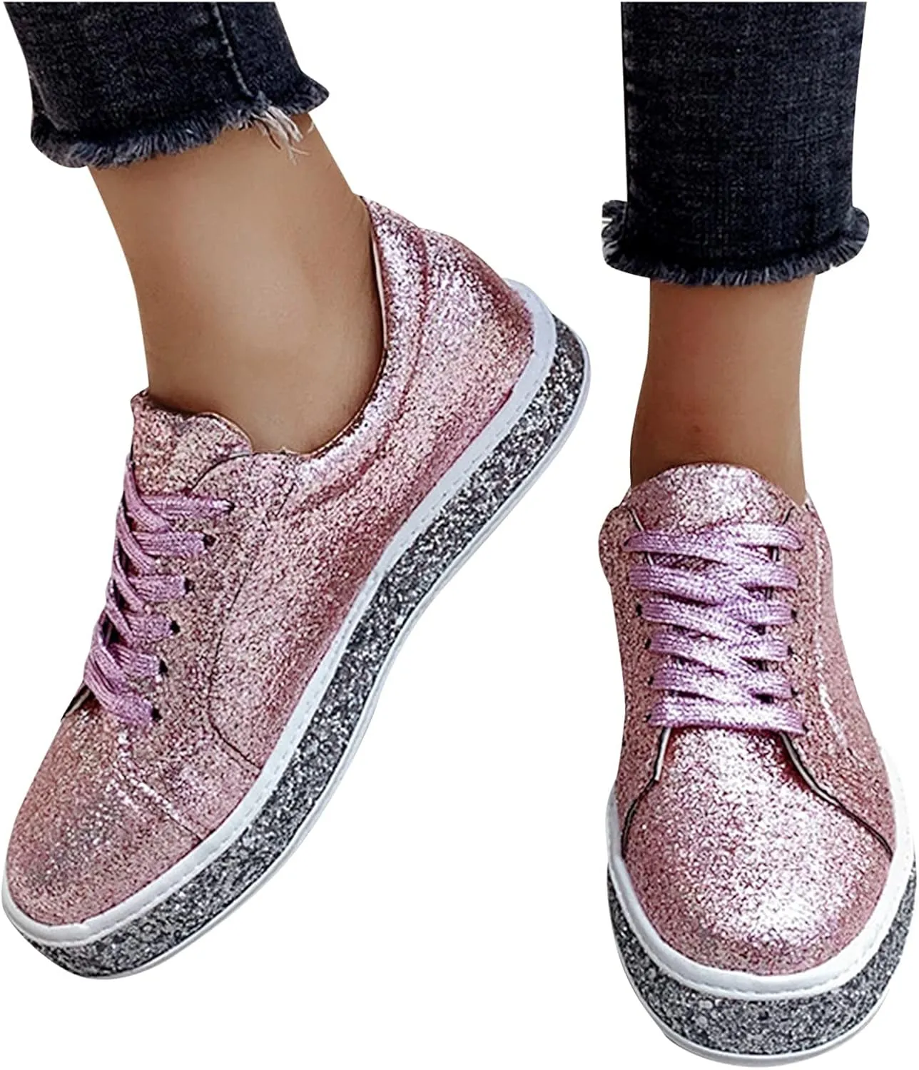 Sparkly Sneakers for Women Women's Glitter Shoes Sparkly Lightweight Metallic Sequins Tennis Shoes LCE Up Walking Shoes Cute