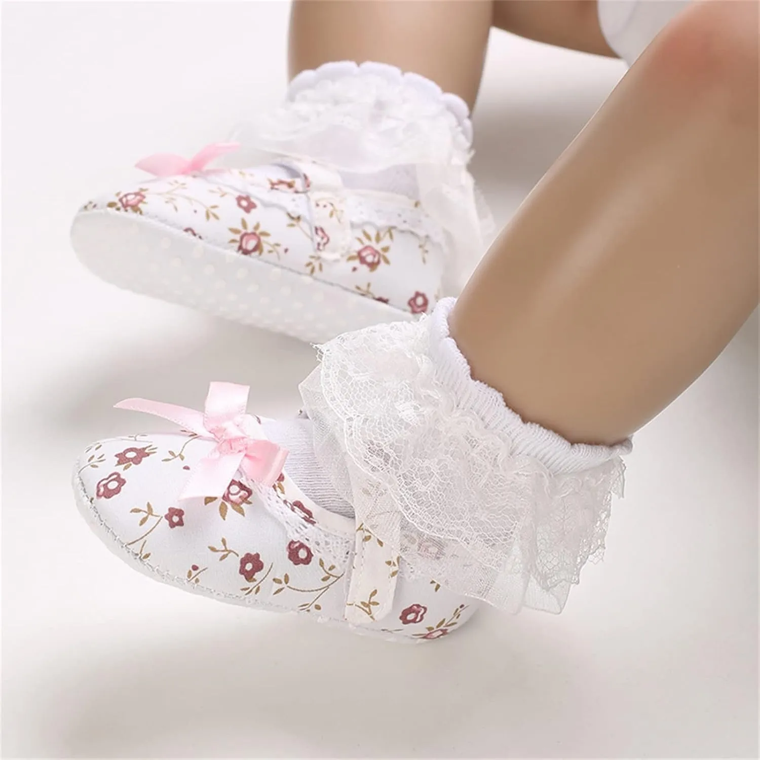 Spring and Summer Children Infant Toddler Shoes Girl Sports Shoes Flat Bottom Round Toe Light Flower Pattern Ribbon Bow Knot Comfortable 9t Shoes